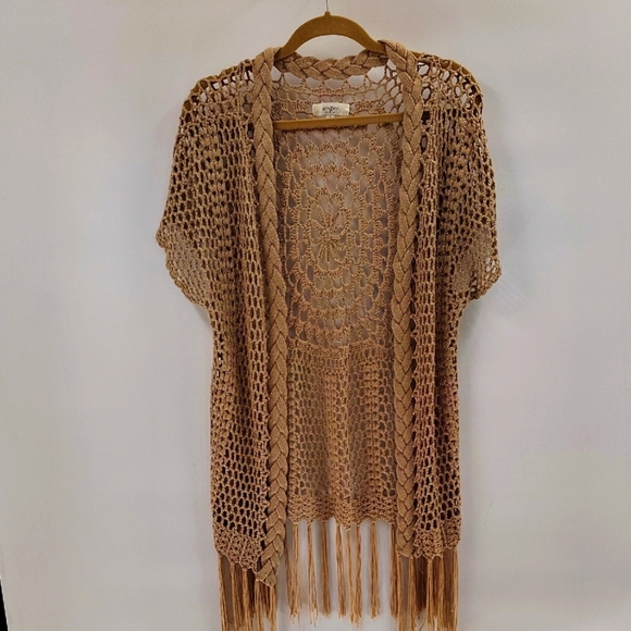 Umgee Khaki Tan Crochet Open Cardigan Cover Slight Sleeve Size Small Fringe Hem - Picture 1 of 5